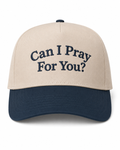 Beige and navy cap with 'Can I Pray For You?' text on a white background