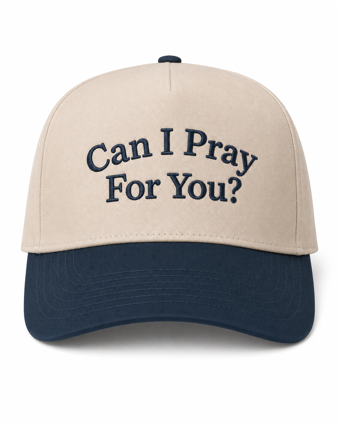 Beige and navy cap with 'Can I Pray For You?' text on a white background