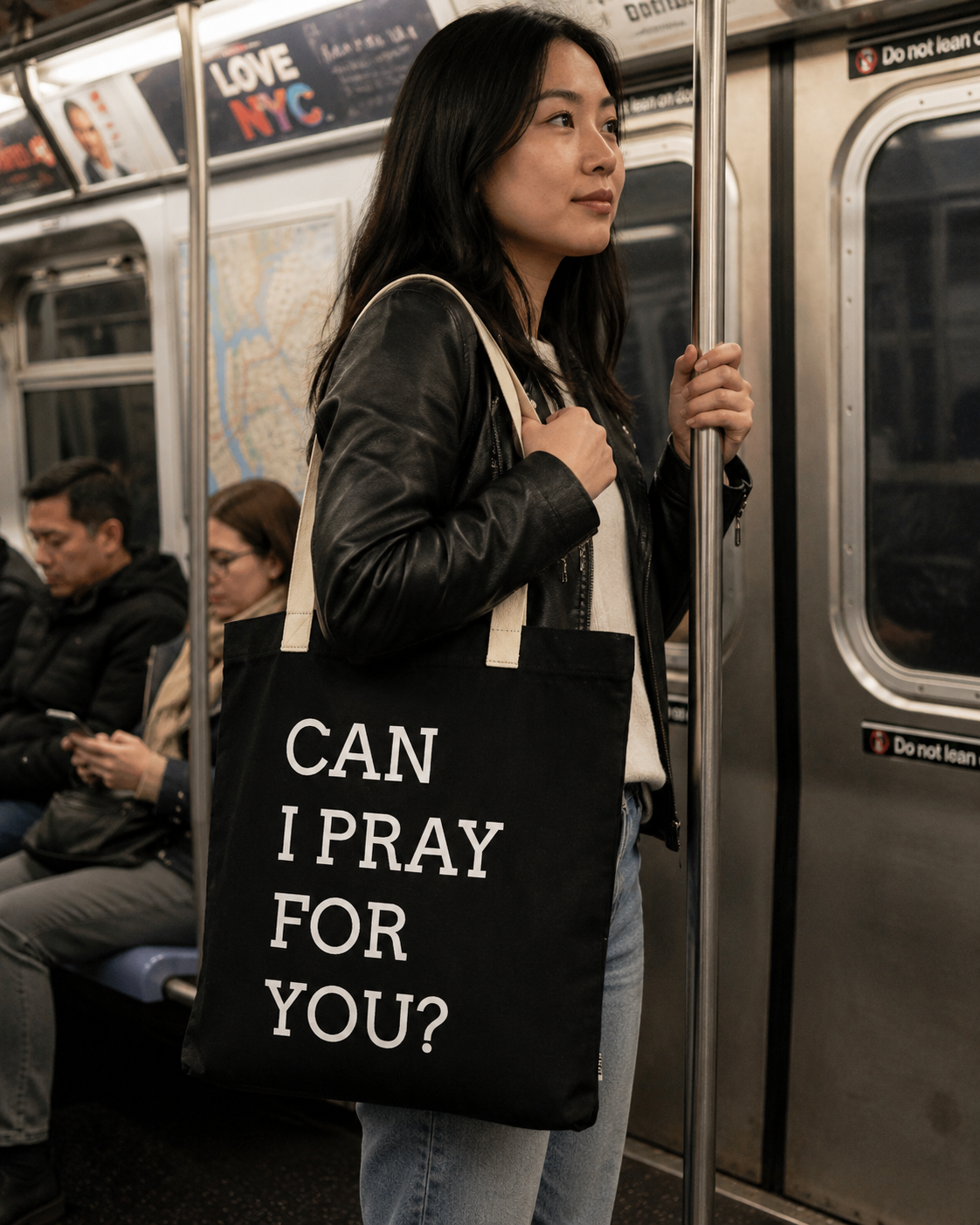 Woman holding a tote bag with 'Can I pray for you?' text on a subway train.